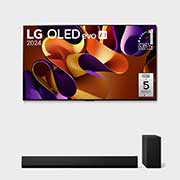 Vue de face avec la TV OLED evo LG, OLED G4, emblème OLED numéro 1 dans le monde pendant 11?ans et logo de la garantie de panneau de 5?ans à l’écran.