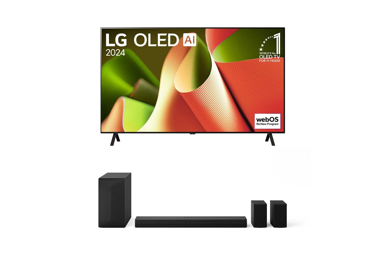 Vue de face de la TV OLED LG, OLED B4, logo de l’emblème OLED numéro 1 dans le monde pendant 11?ans et logo du programme webOS Re:New à l’écran.
