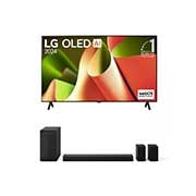 Vue de face de la TV OLED LG, OLED B4, logo de l’emblème OLED numéro 1 dans le monde pendant 11?ans et logo du programme webOS Re:New à l’écran.