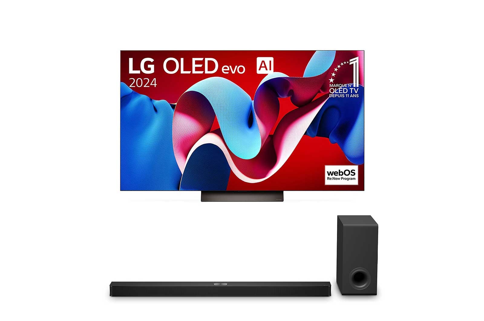 Vue de face de la TV OLED evo LG, OLED C4, logo de l’emblème OLED numéro 1 dans le monde pendant 11?ans et logo du programme webOS Re:New à l’écran.