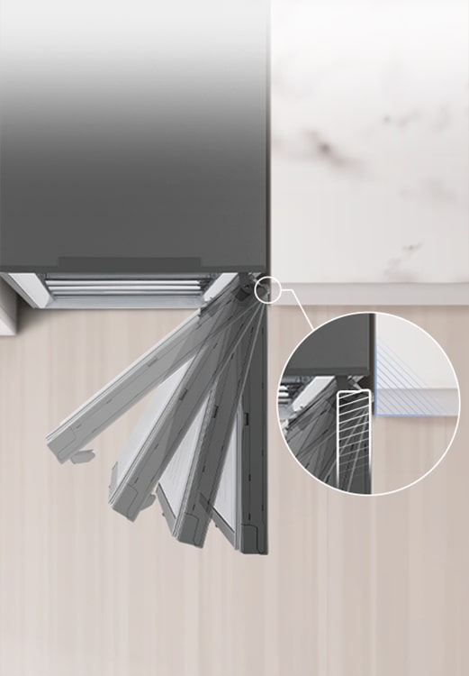 Vue aérienne du réfrigérateur installé à c?té du mur avec un dégagement nul de la charnière de la porte.