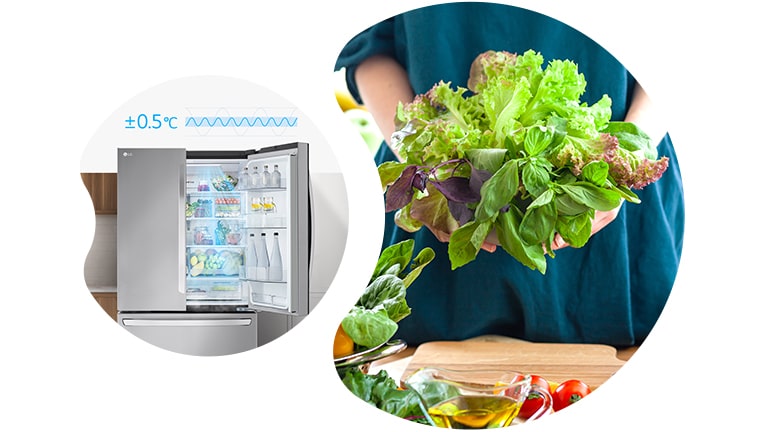 à gauche, réfrigérateur ouvert diffusant de l’air frais?; à droite, personne tenant des légumes.
