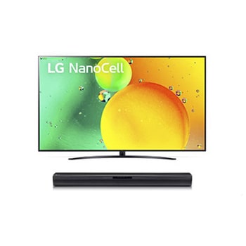 Vue de face du TV LG Nanocell, série NANO76 et de la barre de son LG SQC1