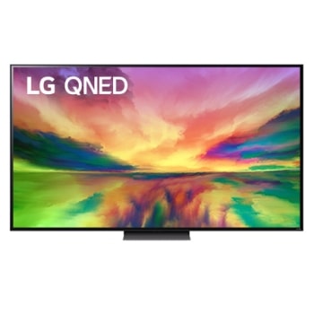 Vue avant du téléviseur LG QNED fond d'écran et logo du produit