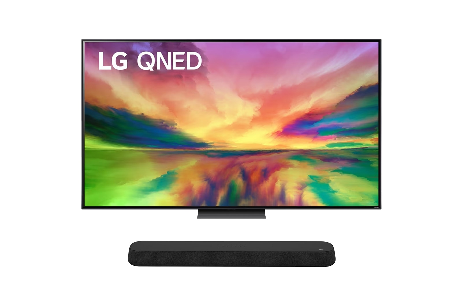 Vue de face du TV LG QNED, série QNED81 de la barre de son LG SE6S