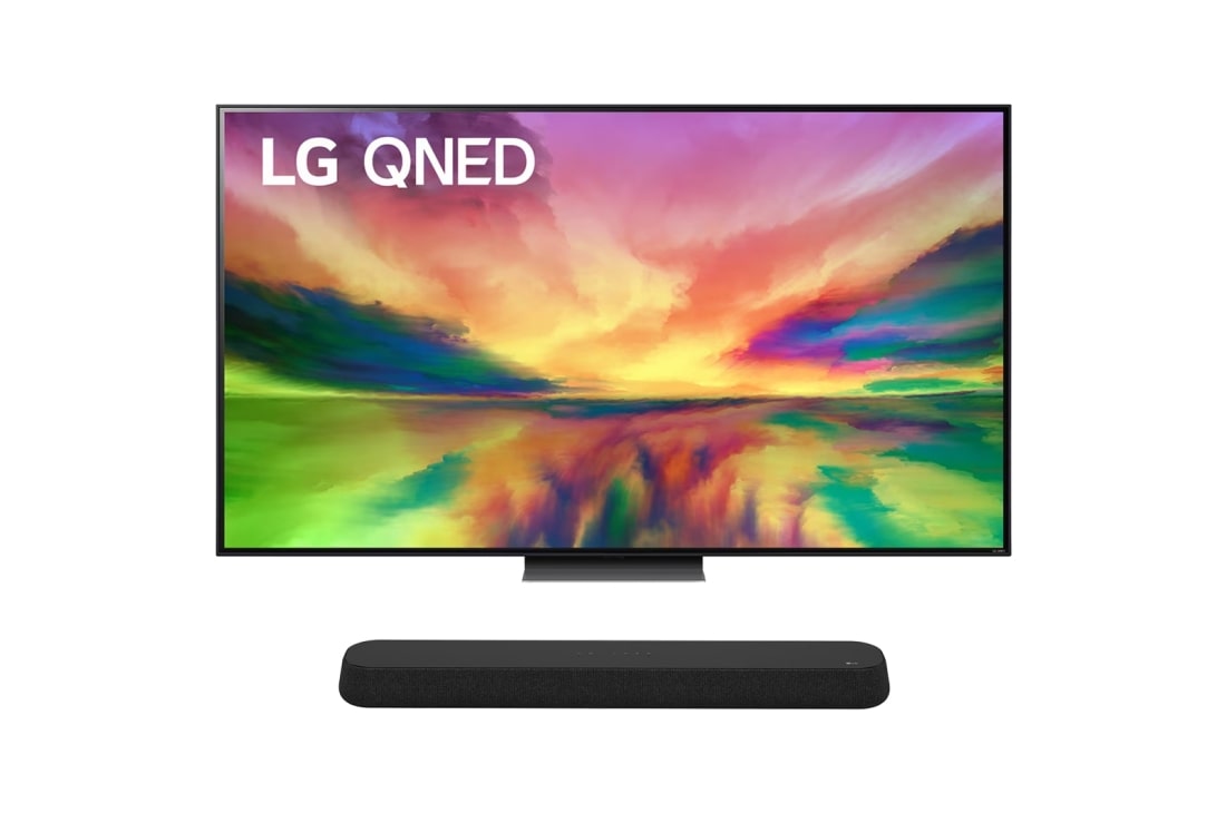 Vue de face du TV LG QNED, série QNED81 de la barre de son LG SE6S