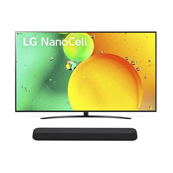 Vue de face du TV LG Nanocell, série NANO76 et de la barre de son LG SE6S