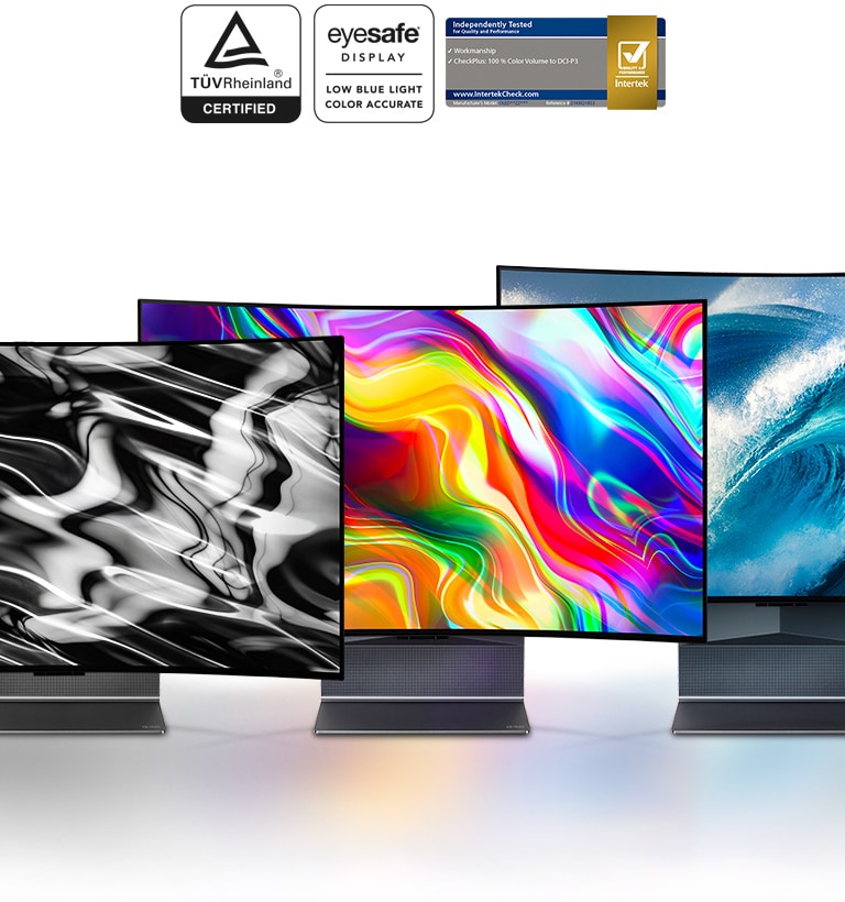Trois téléviseurs LG OLED Flex placés c?te-à-c?te affichent une image abstraite noire, une image abstraite colorée et une image de vague bleue sur leurs écrans.