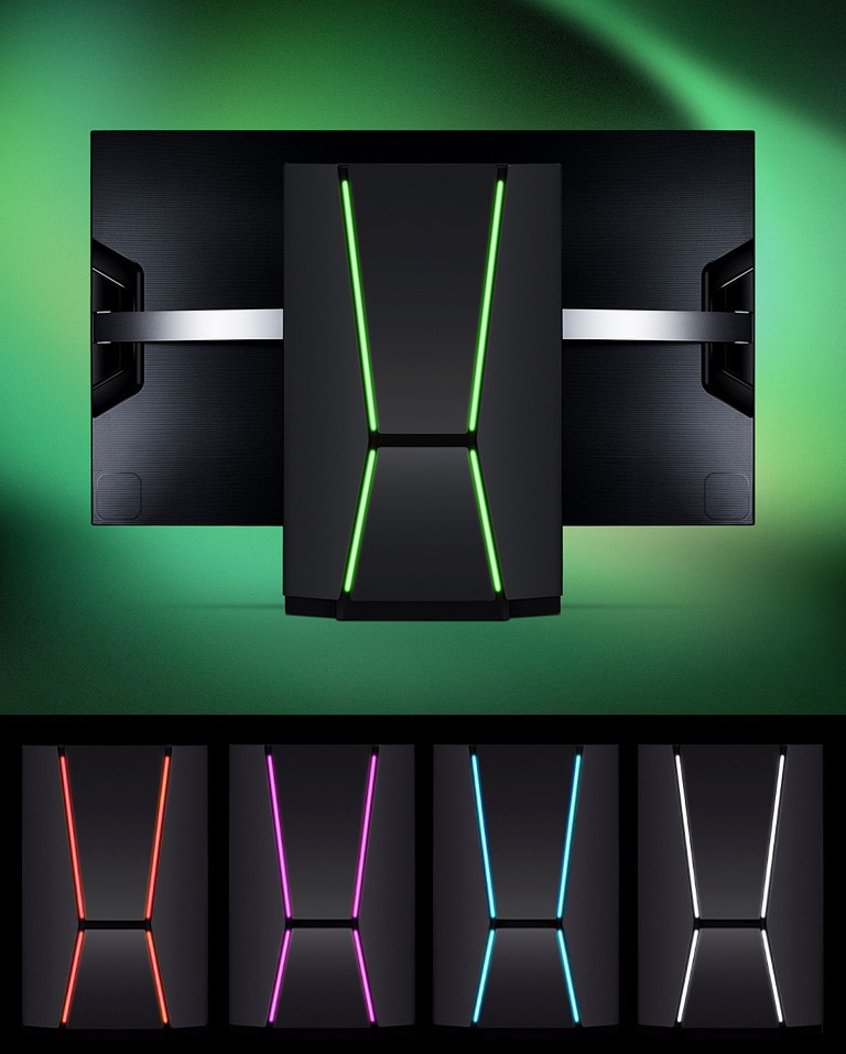 LG OLED Flex vus de dos avec un éclairage vert. Ci-dessous, gros plans des designs boucliers rouge, violet, bleu et gris placés en rang et c?te-à-c?te.