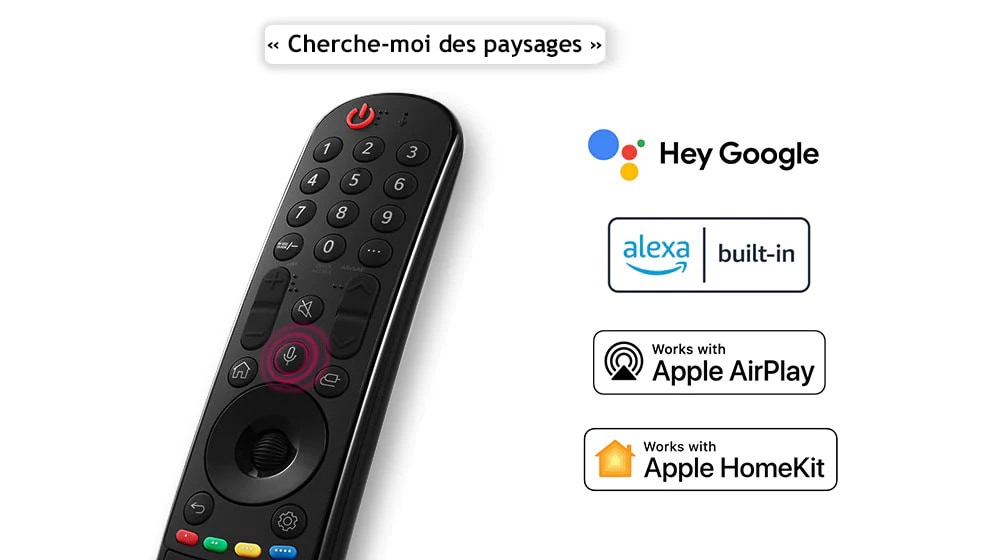 Une télécommande avec une bulle indiquant ??Cherche-moi des paysages??. Les logos des services de streaming affiliés sont illustrés.