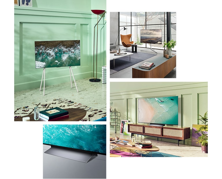 Un téléviseur LG OLED G2 est accroché au mur dans un salon avec des plantes, une pile de livres et une armoire de style vintage. Un téléviseur LG OLED G2 est accroché au mur dans une pièce minimaliste à c?té d’une étagère avec des ornements monochromes. Vue latérale du bord ultra fin du téléviseur LG OLED G2. Un téléviseur LG OLED G2 est accroché sur un mur de salon coloré avec une planète sèche, un diffuseur et des vases. Gros plan sur un bord du LG OLED G2 ultra-fin.