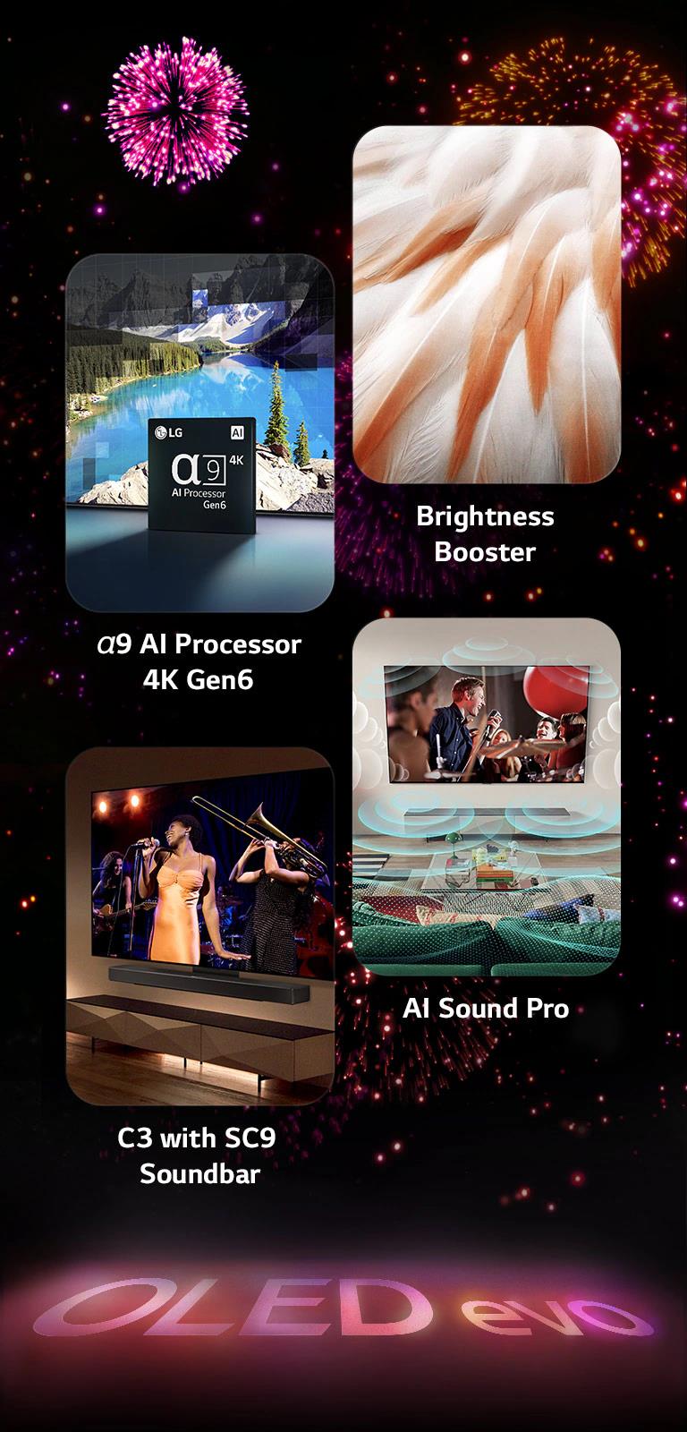 Image présentant les principales caractéristiques du LG OLED evo C3 sur un fond noir avec un feu d’artifice rose et violet. Le reflet rose du feu d’artifice sur le sol fait appara?tre les mots ? OLED evo ?. Dans l’image, le processeur IA α9 4K Gen6 est représenté devant l’image d’un lac remastérisée avec la technologie de traitement. Une image illustrant la technologie Brightness Booster Max montre les plumes brillantes d'un oiseau. Une image présentant la barre de son SC9 montre les barres de son LG OLED evo C3 et SC9 parfaitement accrochées au mur avec un concert diffusé sur le téléviseur. Une image présentant AI Sound Pro montre une émission de rock diffusée sur le téléviseur avec des bulles de musique représentant des ondes sonores remplissant l'espace de vie.