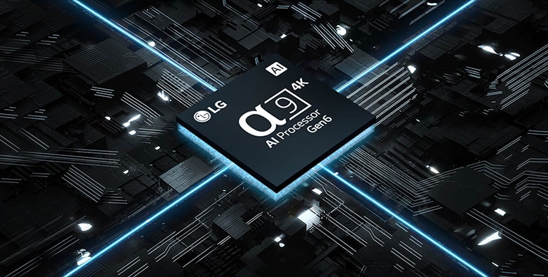 Vidéo du processeur?α9 AI 4K?Gen6 face à un circuit imprimé. Le panneau s’illumine et des lumières bleues s’échappent du circuit imprimé pour symboliser sa puissance.