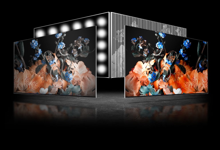 Deux écrans de téléviseur sont affichés – l’un à gauche et l’autre à droite. On retrouve les mêmes images d’un cristal coloré sur chaque téléviseur. L’image qui appara?t à gauche est un peu pale alors que celle à droite est très vive. Le coin gauche en bas du téléviseur, sur l’image de droite, affiche une image de puce de processeur.