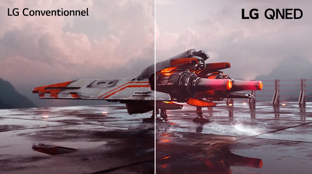 Un avion de chasse rouge et une image divisée en deux – la partie gauche de l’image semble moins colorée et légèrement plus sombre tandis que la partie droite est plus lumineuse et plus colorée. Dans le coin supérieur gauche de l’image, on peut lire ? LG Conventionnel ? et dans le coin supérieur droit, le logo LG QNED.