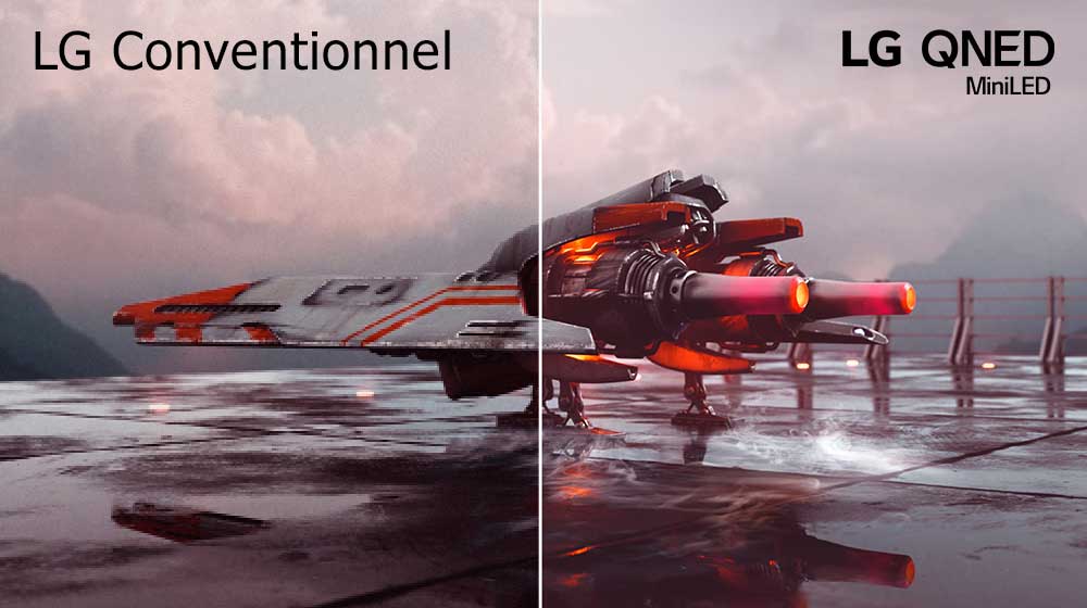 Un avion de chasse rouge et une image divisée en deux – la partie gauche de l’image semble moins colorée et légèrement plus sombre tandis que la partie droite est plus lumineuse et plus colorée. Dans le coin supérieur gauche de l’image, on peut lire ??LG Conventionnel?? et dans le coin supérieur droit, le logo LG QNED.