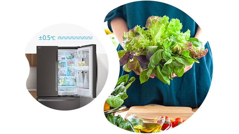 à gauche, air frais s’échappant d’un réfrigérateur ouvert ; à droite, une personne tient des légumes frais en main.