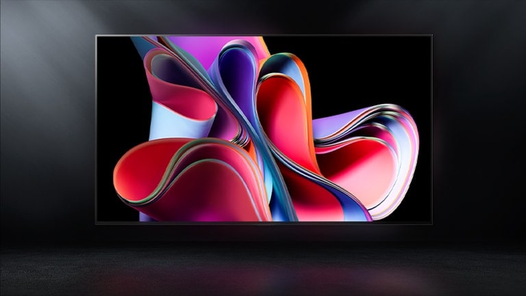 Image du LG OLED G3 sur un fond noir montrant une ?uvre d’art abstraite rose vif et violette.