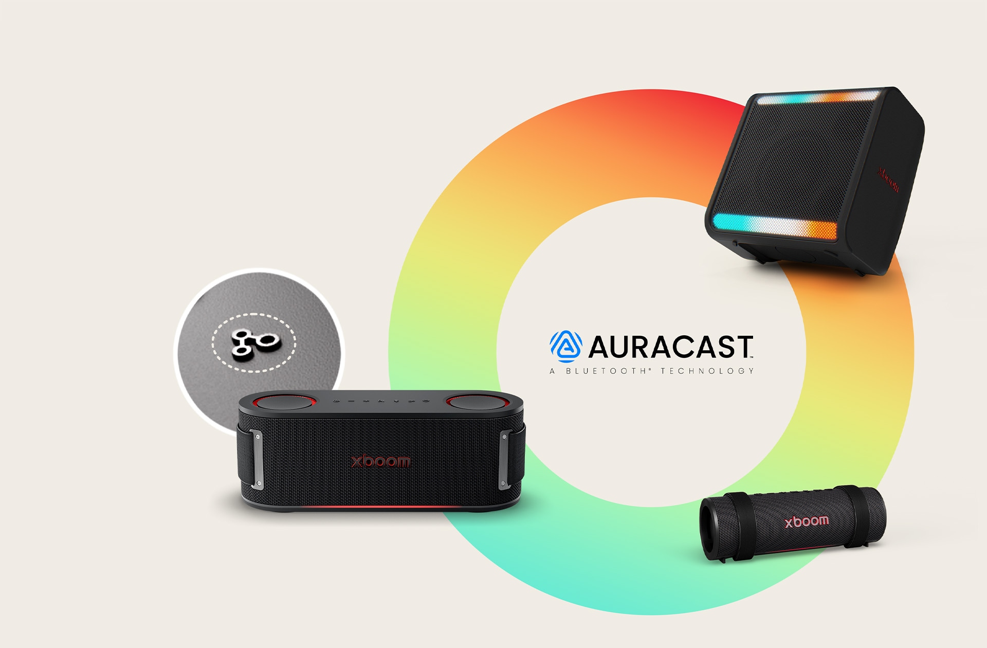 Sur un cercle aux couleurs de l’arc-en-ciel, la xboom Stage 301, Grab et la Bounce sont placées dans le sens des aiguilles d’une montre. à c?té de la xboom Bounce, l’image du bouton Auracast est placée dans un cercle.