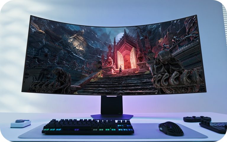 Man with headphones playing a video game on his 4k curved monitor, fully absorbed in the digital world.