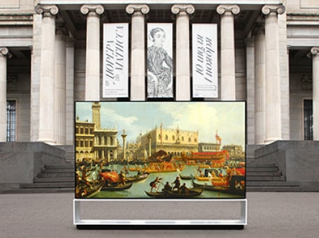 LG SIGNATURE OLED 8K TV is laid in front of Pushkin State Museum of Fine Arts.