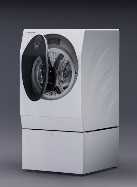 Image showing the full LG Signature Washing Machine, taken from the front, stood against a dark backdrop.