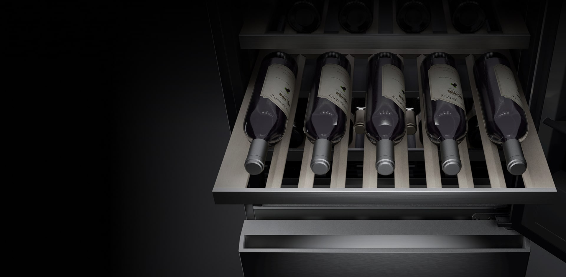 A close-up image of the inside of the wine cellar. Several bottles of wine are stored on the shelves, and the top shelf has been pulled out so that the wines can be easily viewed and accessed.