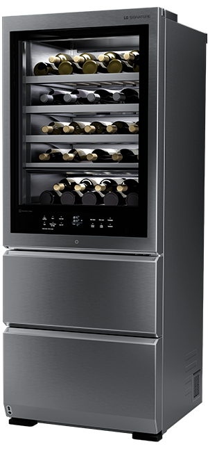 The LG SIGNATURE Wine Cellar stood against a black background. The Wine Cellar is illuminated, including the internal LED lighting, so that the interior can also be viewed through the InstaView™ Door.