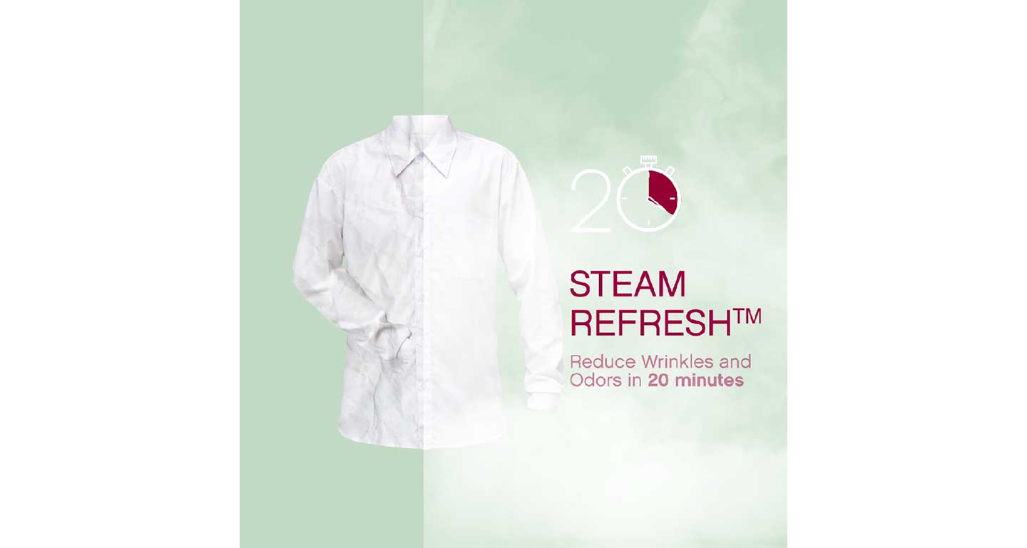 The image describes that LG’s Steam Refresh technology can reduce wrinkles and odors of clothing in 20 minutes.