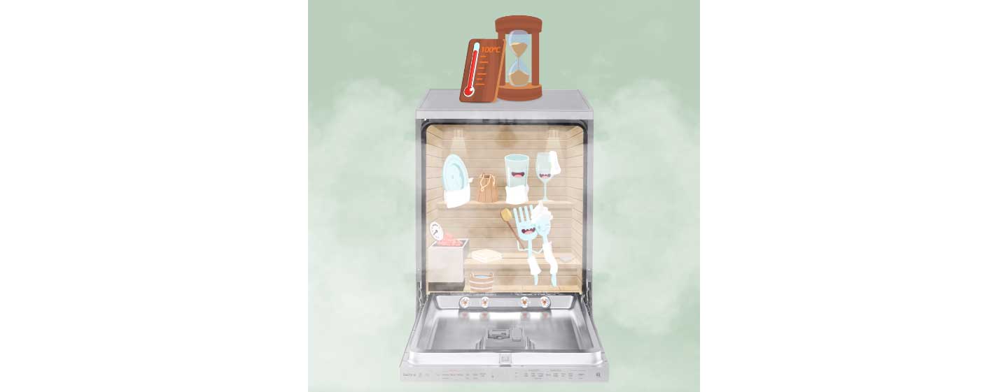 An artist's impression of how the TrueSteam? technology in LG’s dishwasher generates and emits pure steam to ensure hygienic cleaning and anti-bacterial disinfection