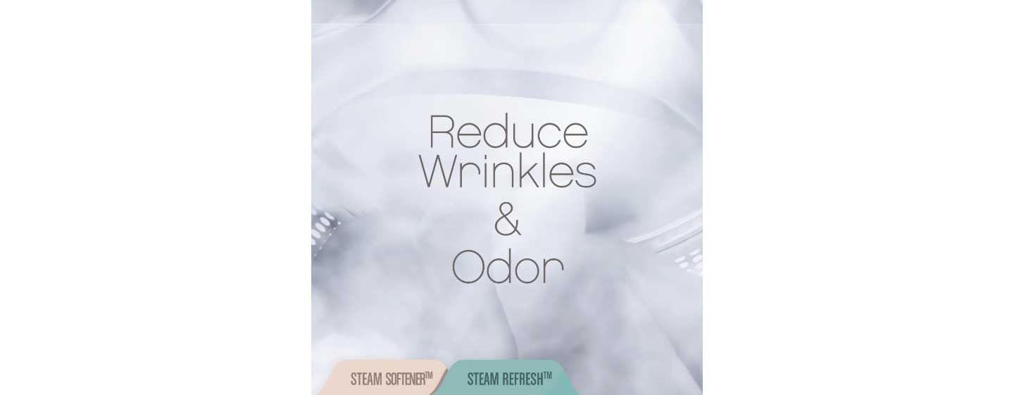 The still image of the Steam Refresh feature of LG washers removing wrinkles and smells in just 20 minutes without damaging even the most delicate of fabrics