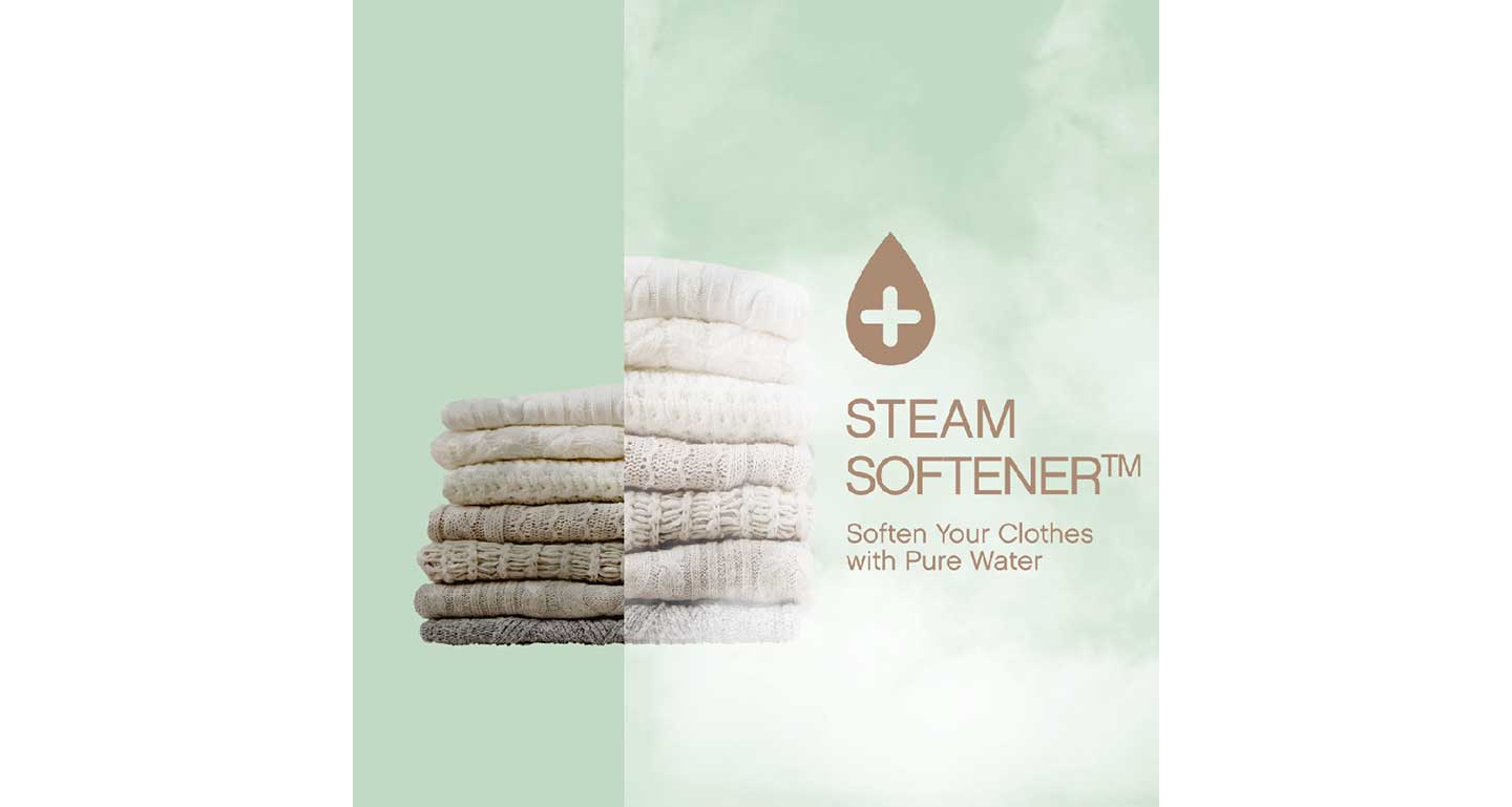 The image describes the way the Steam Softener technology works in LG washing machines