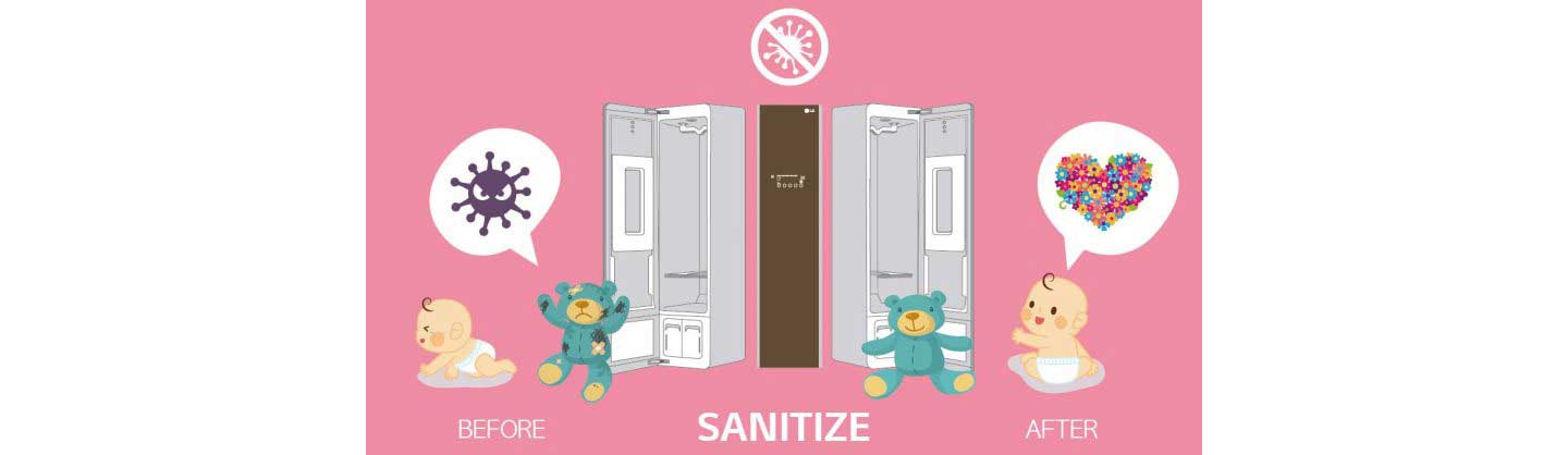 The infographic shows that the LG Styler sanitizes the comfort doll of a baby by using the Steam technology.