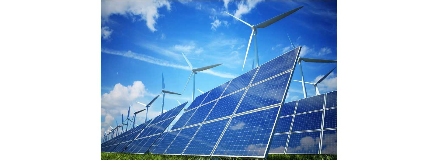 A series of solar panels and wind turbines in the outdoor renewable power plant