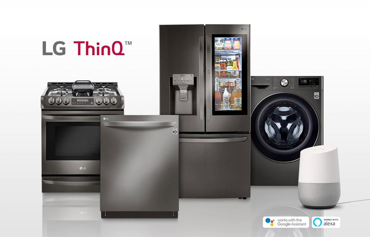 LG smart appliances lineup including refrigerator, front-load washing machine, oven and dishwasher with the SmartThinQ? logo on the upper left. Google Home, an AI speaker with Google Assistant standing along with LG smart appliances.