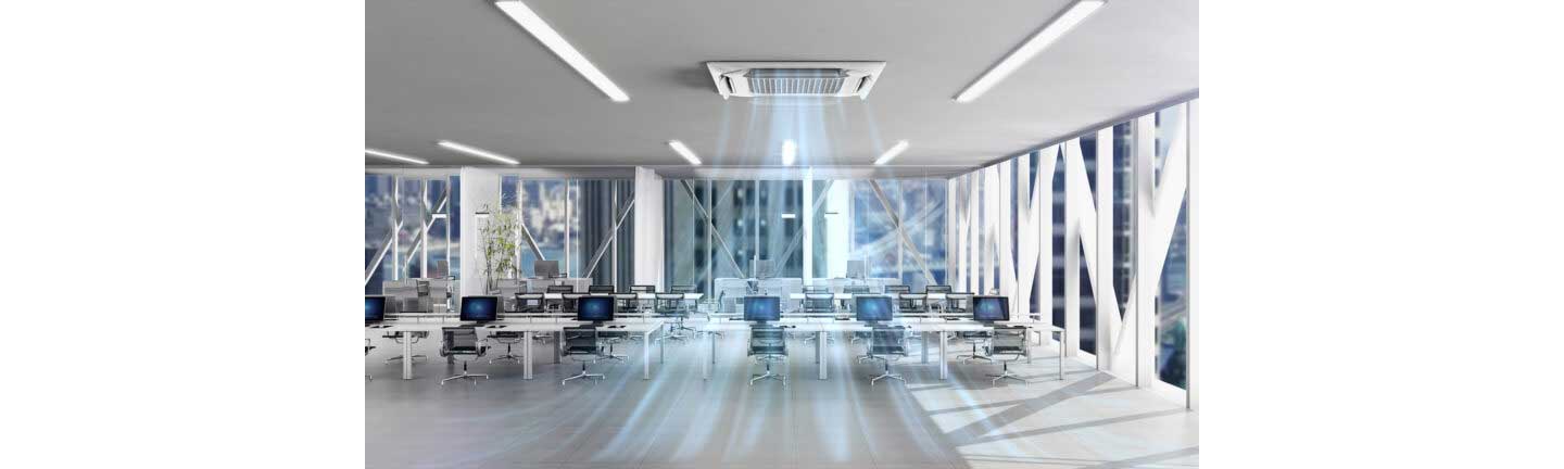 An office with Dual Vane Cassette emitting fresh, cool air from the ceiling