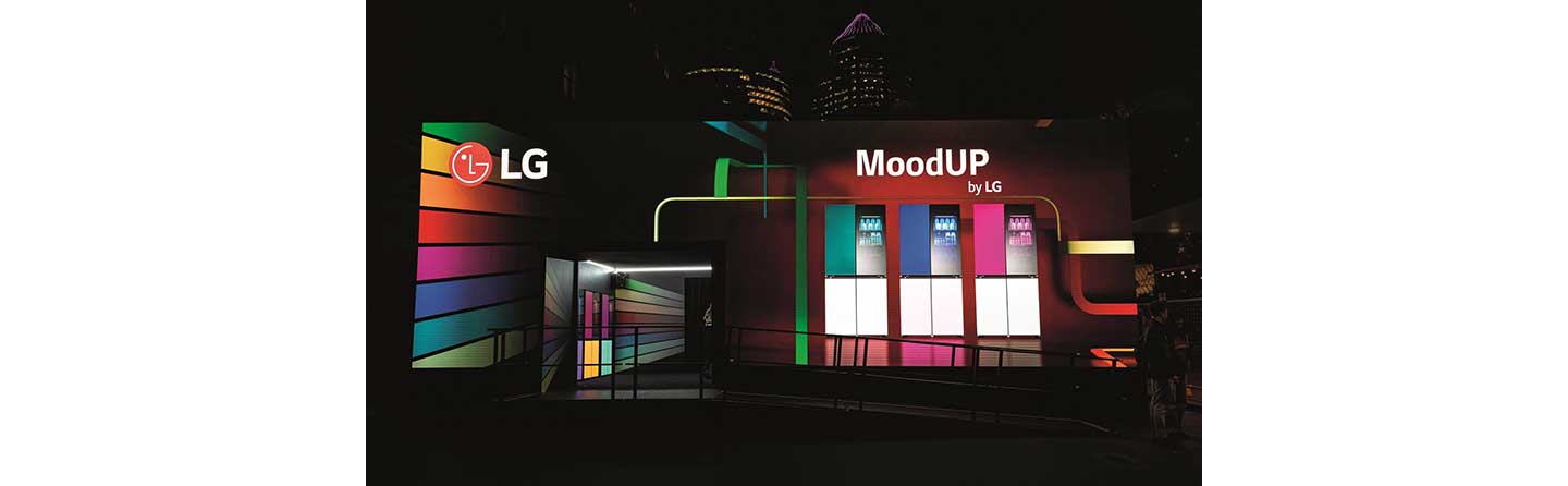 The photo of LG’s ‘MoodUP?, by LG’ activation LED wall with the LG InstaView fridges with MoodUP at Vivid Sydney 2023