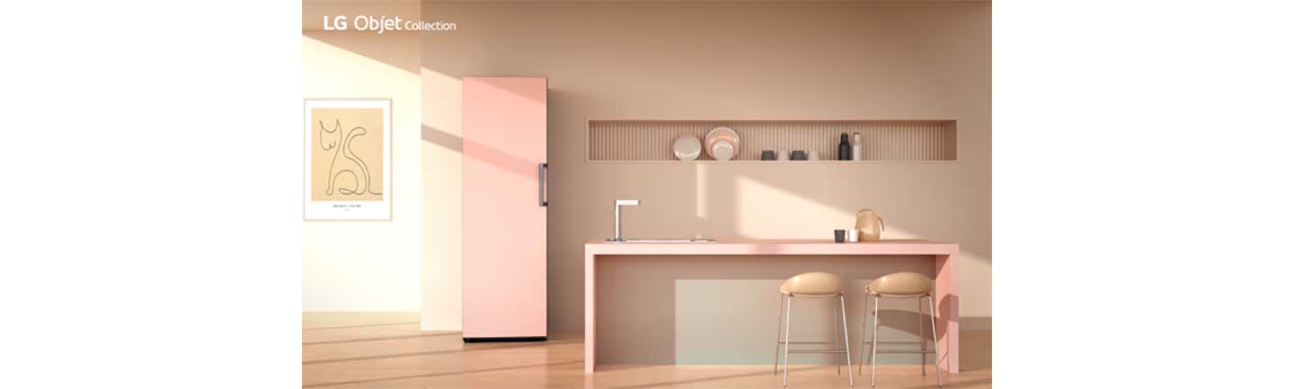 LG Objet Collection convertible fridge and freezer become point item with pink color in simple kitchen.