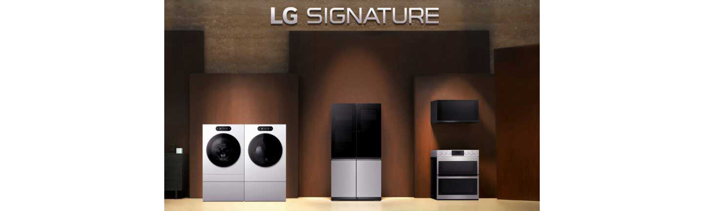 LG SIGNATURE’s second-generation lineup including a washer and dryer pair, a Dual InstaView French door fridge, an over-the-range microwave oven and a double oven Slide-in Range