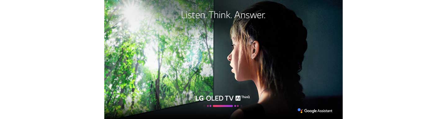 A promo shot for LG OLED TV AI ThinQ with a woman watching the TV’s display with the slogan, ‘Listen, Think, Answer.