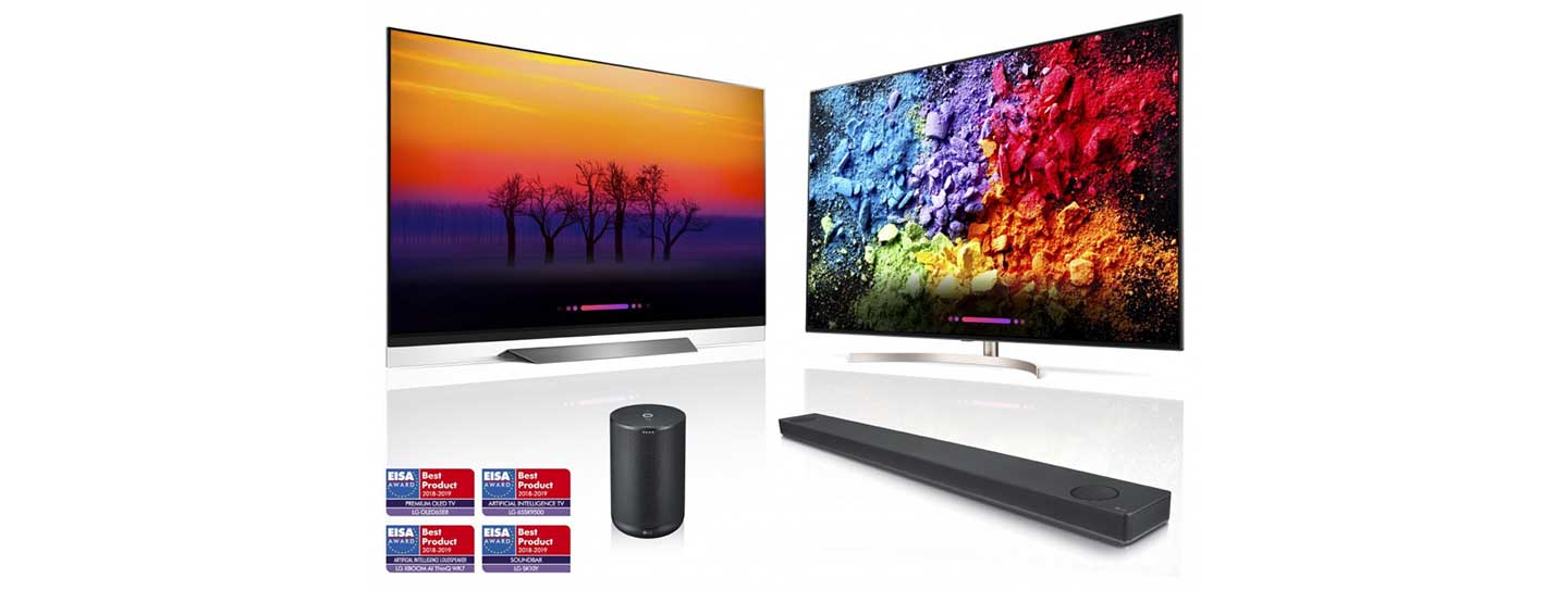 LG’s AI ThinQ-enabled products including OLED TV, LG SUPER UHD TV, LG XBOOM and LG Soundbar above four EISA AWARD logos.