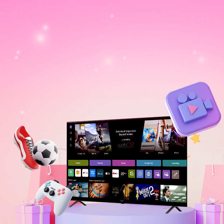 禮物盒和購物袋環繞著 LG 智能電視，藉以展示 webOS 平臺上的限時優惠和獨家串流活動。