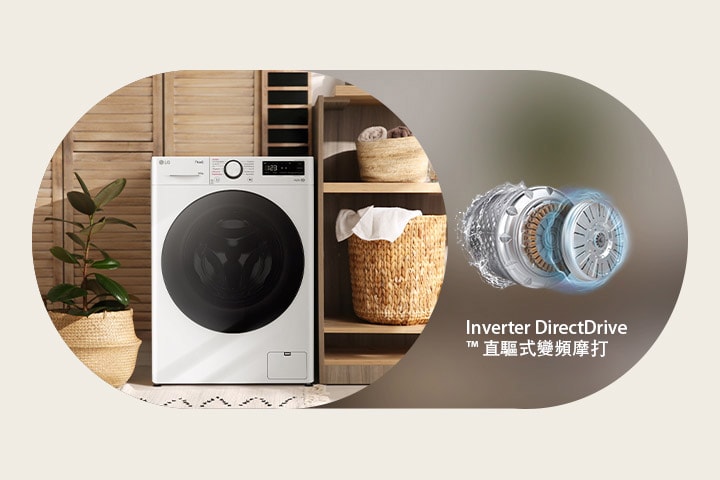 洗衣房裡有部洗衣機，旁邊有個Inverter DirectDrive? 直驅式變頻摩打。	