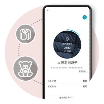 顯示流動熒幕和圖示，介紹 Styler 衣物護理機的功能。