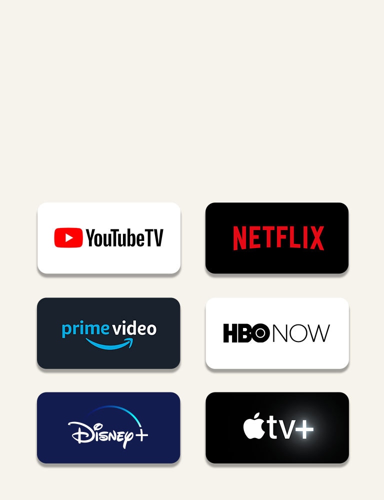 OTT 串流平臺的圖標排成一行。從左上開始； Netflix、Amazon Prime Video、HBO NOW、YouTubeTV 和 Disney+。還有 Apple TV+。