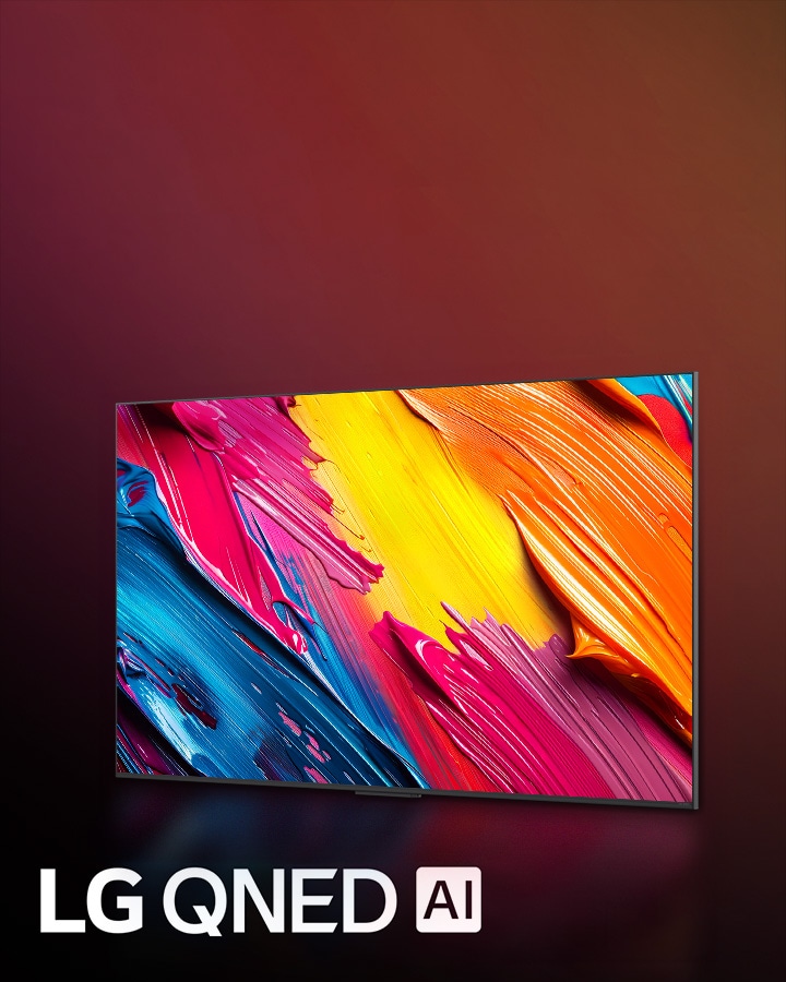 多彩的深色背景下放置著一部 LG QNED 電視。螢幕展示著一幅鮮明多彩的藝術作品，展現 QNED 的色彩技術，還有能夠表現廣泛色調和優異對比的能力。LG QNED AI 標誌清晰可見。標題為「Dynamic QNED Color 重塑色彩」