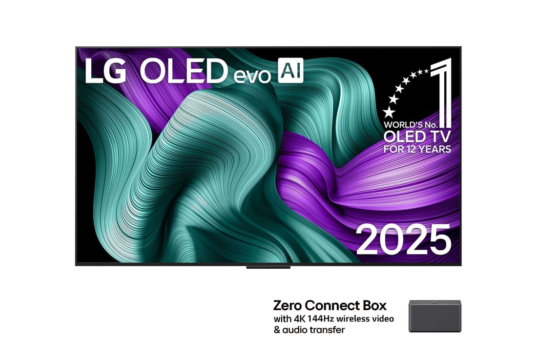 LG OLED M5 電視正視圖。螢幕上顯示著「12 年世界第一的 OLED」和「LG OLED evo AI 2025」標誌。角落裡的 Zero Connect Box,標題為「Zero Connect Box 支援 4K 144Hz 無線影音傳輸功能」