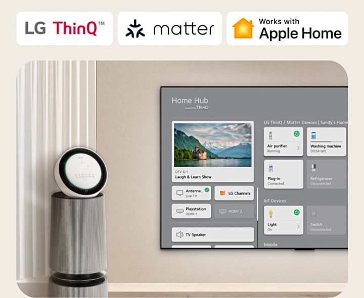 An LG TV mounted on a wall and an LG PuriCare? Objet Collection 360° on the left. The TV displays Home Hub and a cursor clicks ""Air purifier"" and the LG PuriCare? Objet Collection 360° is activated.	