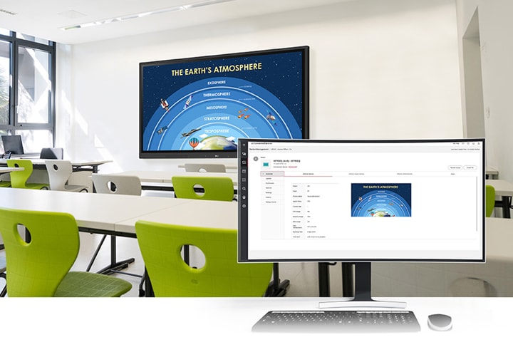 An image illustrating the monitoring and management of interactive digital boards in classrooms using the LG ConnectedCare DMS solution web page