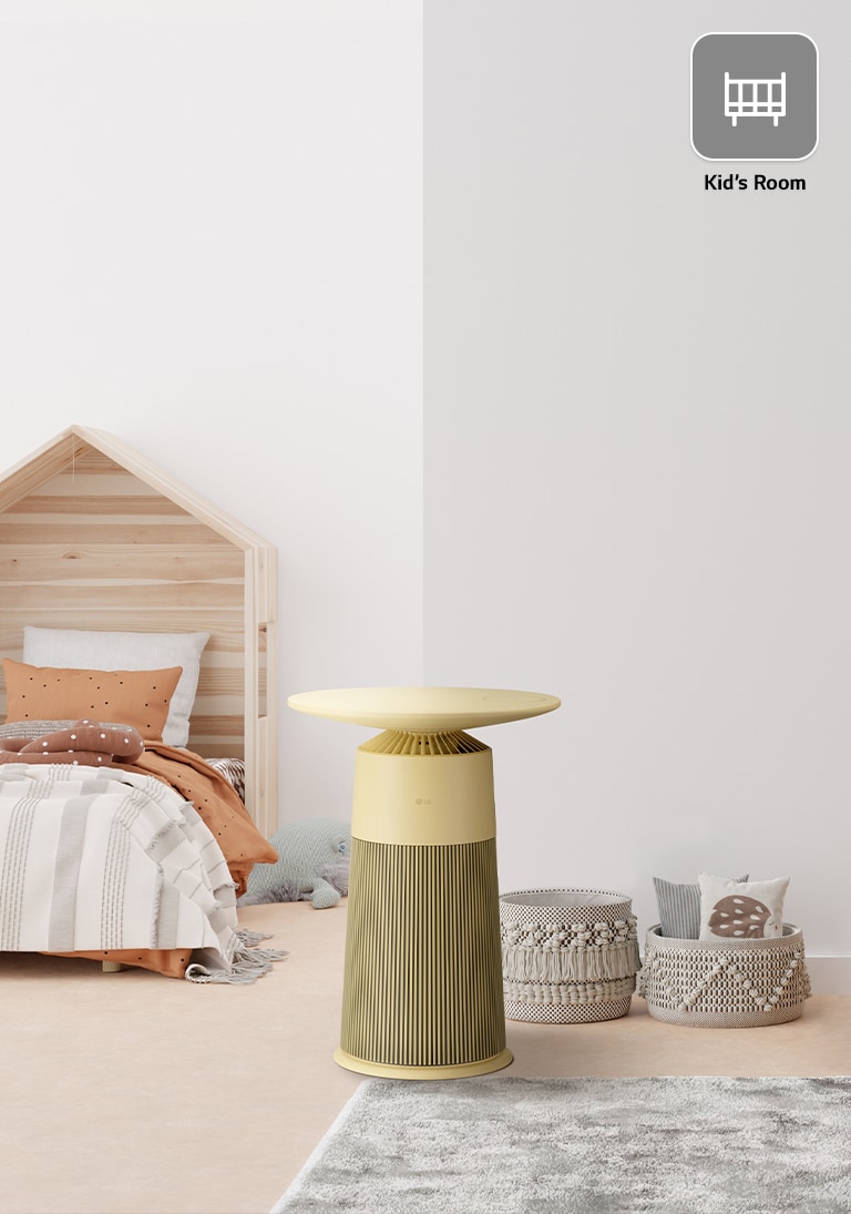 Kid's room with a wooden bed and cozy bedding on the left, an LG yellow air purifier next to woven baskets on the right.